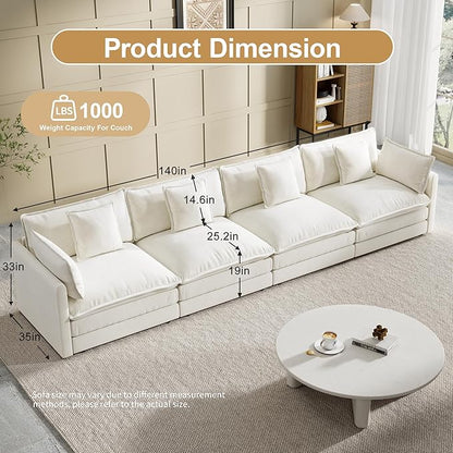 Modular Sectional Sofa, 146.5 Inch I-Shaped Cloud Sofa with Deep Seat Chenille Sofa with Cushions, Four Seater Sectional Sofa for Living Room Apartment,White
