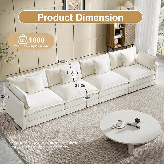 Modular Sectional Sofa, 146.5 Inch I-Shaped Cloud Sofa with Deep Seat Chenille Sofa with Cushions, Four Seater Sectional Sofa for Living Room Apartment,White