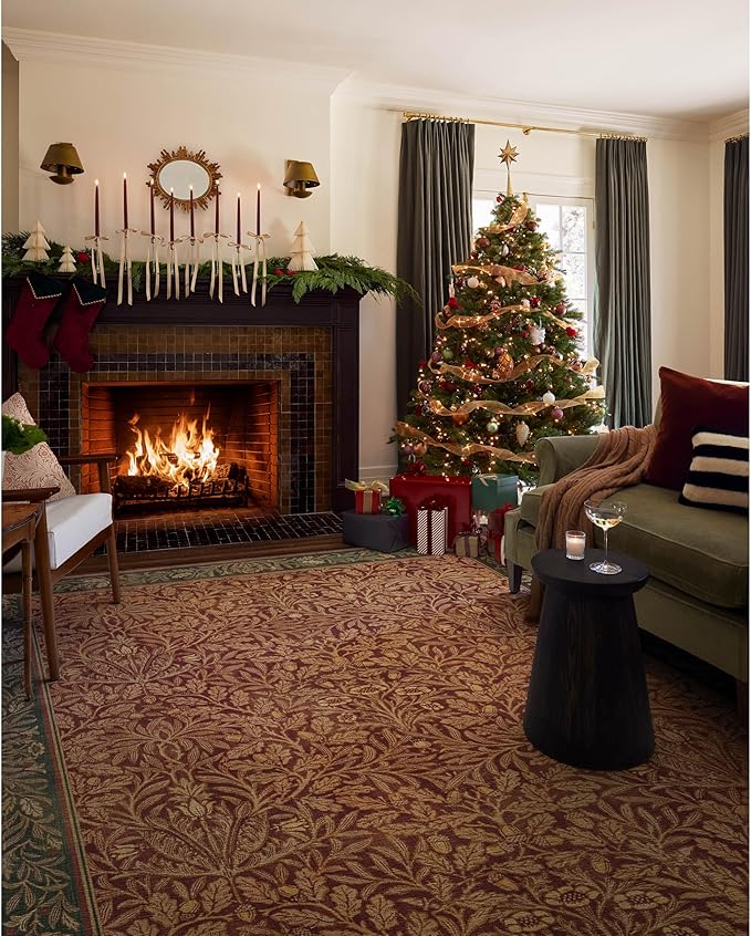 RUGGABLE x Morris & Co Machine Washable Christmas Area Rug – Acorn Amber Red 8x10, Stain-Resistant, Non-Slip – Large Rugs for Living Room, Bedroom, Hallway, Entryway & Office–with Standard Pad