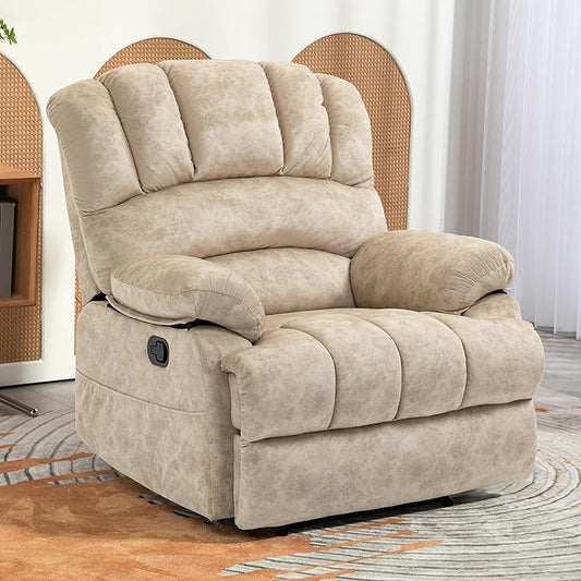 Manual Recliner Chair for Living Room, Single Sofa Recliners for Adults 350LBS, Heavy Duty Reclining Max 155 Degrees, Fabric Beige