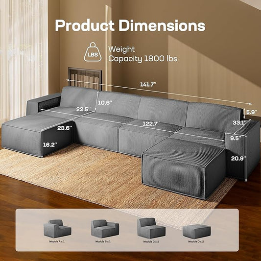 Marsail Modular Sectional Sofa, 142" U-Shaped Modular Sectional Couch with Deep Seat, Freely Combinable Sectional Clound Sofa for Living Room, No Assembly, Plush Corduroy Fabric, Grey