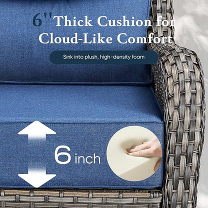 Belord Luxury 6" Thick Cushioned 7 Pieces Patio Furniture Set with Outdoor Couch, Wicker Outdoor Conversation Set with High Back Swivel Rocker Chairs for Deck Porch Yard and Poolside - Grey+Blue