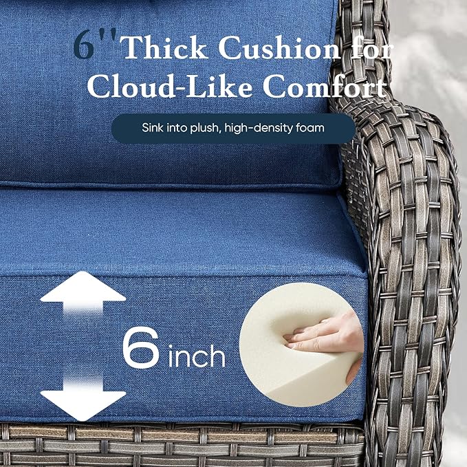 Belord Luxury 6" Thick Cushioned 7 Pieces Patio Furniture Set with Fire Pit Table, Wicker Outdoor Conversation Set with High Back Swivel Rocker Chairs for Deck Porch Yard and Poolside - Grey+Blue