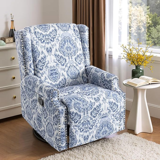 Premium 360° Swivel Recliner Chair with Footrest - Luxurious Cotton Linen & Botanical Design-Bule Pattern