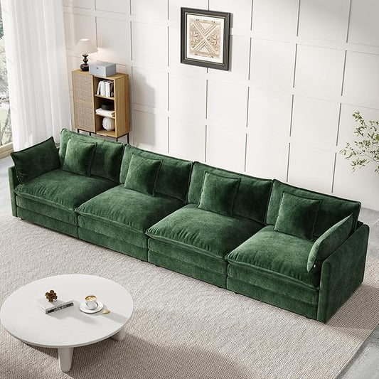 Modular Sectional Sofa, 146.5 Inch I-Shaped Cloud Sofa with Deep Seat Chenille Sofa with Cushions, Four Seater Sectional Sofa for Living Room Apartment,Evergreen