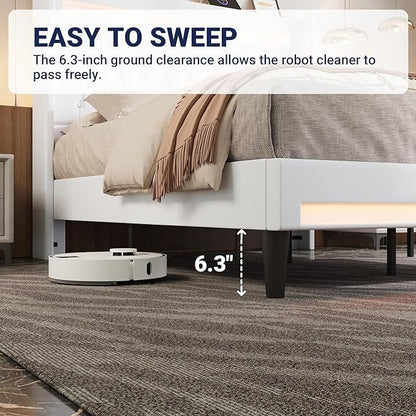 Allewie Upholstered Full Size Platform Bed Frame with LED Light and Charging Station, Button Tufted High Headboard, Wingback Design, Noise Free, Easy Assembly, No Box Spring Needed, White