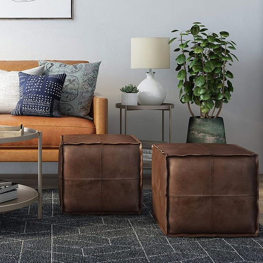 SIMPLIHOME Brody 18-inch Wide Square Pouf in Distressed Dark Brown Vegan Faux Leather, Boho-Style Ottoman, Footstool or Extra Seating for Living Room, Assembled