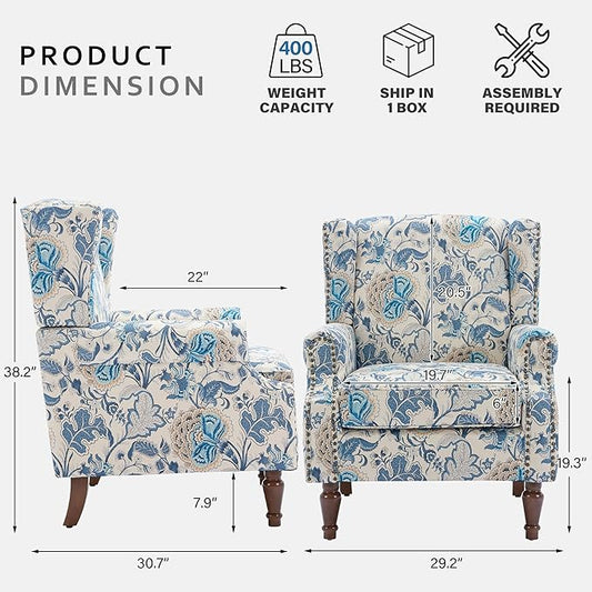 Lumibee Wingback Accent Chair, 2 Set High Back Floral Armchairs in Fabric,Comfy Upholstered Reading Single Sofa Chairs with Solid Wood Legs for Living Room,Bedroom,Office-Boho Blue