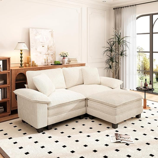 PHI VILLA Cloud Modular Couches Sets, 87.5" Sectional Loveseat Sofa with 1 Movable Ottoman, 3-Seater Comfy Couches for Living Room Apartment, Corduroy Fabric, Beige