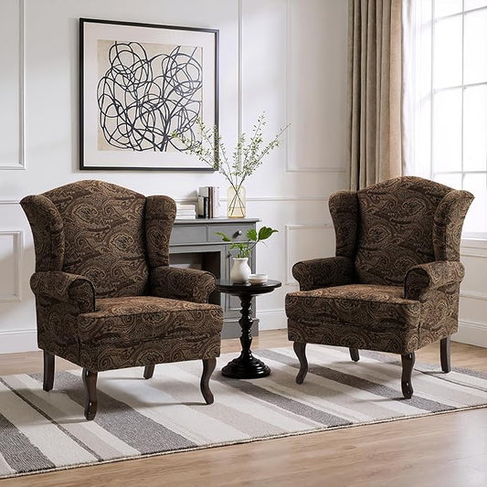 Pia Ricco Set of 2 High Back Accent Chairs: Upholstered Fabric Armchairs with Solid Wood Legs - Retro Living Room Pair, Comfy Reading Sofa Seats-Cranberry