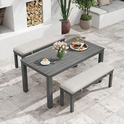 Aluminum Patio Dining Sets, 3 Pieces Patio Table Set, Outdoor Dining Table with 2 Bench, Outdoor Patio Dining Furniture Set with Removable Cushion for Lawn, Garden, Backyard, Grey