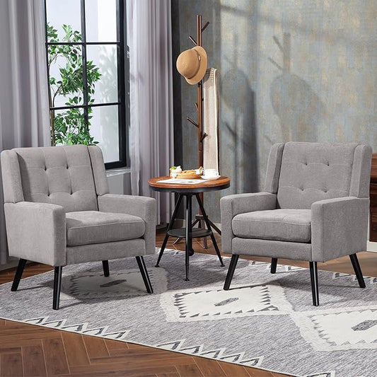 Mid-Century Modern Accent Chair Set of 2, Plush Linen Fabric with Button Tufted High Back & 5" Thick Cushion, High Comfort Reading Chair for Living Room, Bedroom, Office (Light Gray)