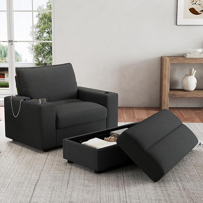 Christopher Knight Home Zoe Oversized Chaise Lounge Chair Indoor with Cup Holders & USB Charging Port, Corduroy Upholstered Sofa Bed + Ottoman with Storage, Comfy Deep Seat Sleeper Sofa Chair, Grey