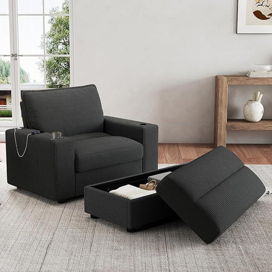 Christopher Knight Home Zoe Oversized Chaise Lounge Chair Indoor with Cup Holders & USB Charging Port, Corduroy Upholstered Sofa Bed + Ottoman with Storage, Comfy Deep Seat Sleeper Sofa Chair, Grey