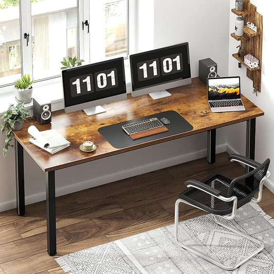 Need 63 Inch Large Computer Desk - Modern Simple Style Home Office Gaming Desk, Basic Writing Table for Study Student, Black Metal Frame, Rustic Brown