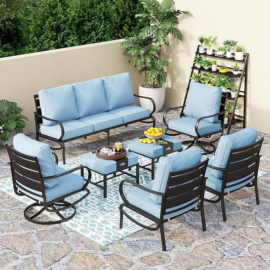 PHI VILLA 7 PCS Patio Furniture Set,Metal Outdoor Furniture with 1x 3 Seater Cushioned Deep Seating Bench Sofa, 2 Swivel Chair, 2 x Leg Sofa Chairs & 2 Ottoman for 7 Person, Light Blue