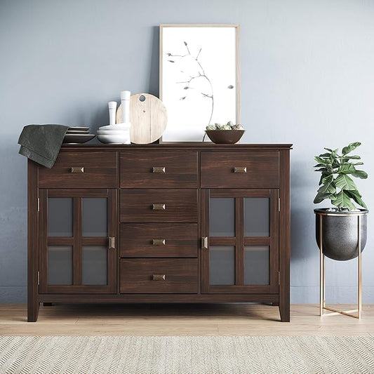 SIMPLIHOME Artisan Buffet - 54 inch Wide Solid Wood 3-Door Sideboard Buffet in Dark Chestnut Brown, Transitional Storage Cabinet for Dining Room or Kitchen with Adjustable Shelves and Bronze Hardware