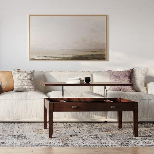 SIMPLIHOME Artisan Coffee Lift Top Table - 46 inch Wide Solid Wood Contemporary Cocktail Table in Russet Brown, Living Room with Hidden Storage Compartment, Open Shelf, and Square Knobs