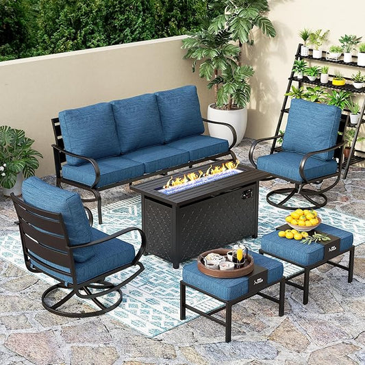 PHI VILLA Patio Furniture with 1 x 45 Metal FirePit Table, 1 x 3-Seat Wide Deep Seating Bench, 2 x Swivel Sofa Chairs & 2 Ottomans, 5.75" Thick Cushioned Outdoor Conversation Set for 5, Peacock Blue