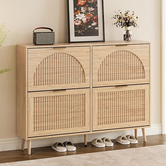 Shoe Cabinet for Entryway with 4 Flip Drawers, Slim Wooden Shoe Storage Organizer with Modern Fluted Pannel，Freestanding Narrow Hidden Shoe Rack for Hallway, Foyer, Living Room
