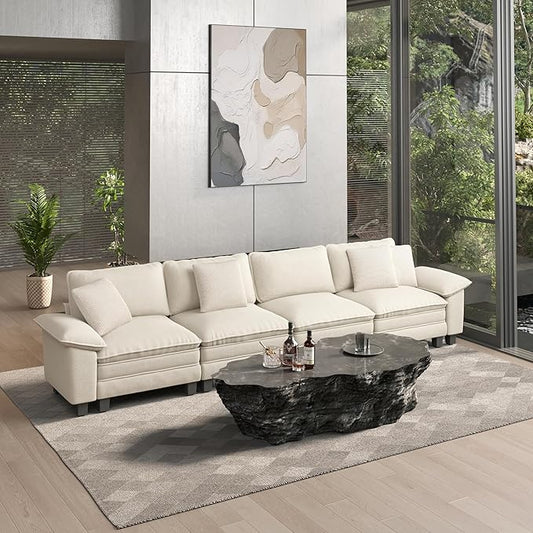 HERA'S HOUSE 158" Modular Sectional Sofa, Oversized Couches for Living Room, Comfy Cloud Couch 4-Seater Deep Seat Sofa with Throw Pillow, Chenille Beige
