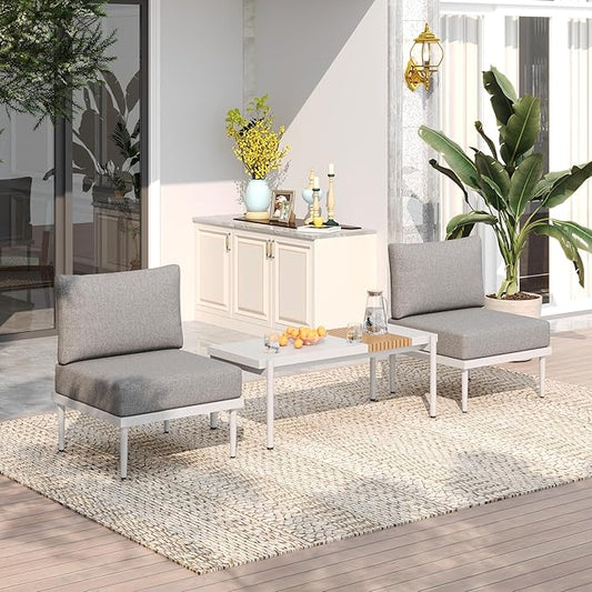 Sundale Outdoor 3 Pieces Patio Furniture Set, Metal Outdoor Sectional Sofa with 6 Inch Olefin Cushion and Coffee Table, All-Weather Modern Outdoor Conversation Sets (Wihte Frame)