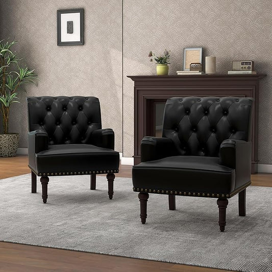 Pia Ricco PU Leather Accent Chairs 2 Pack - Modern Armchairs with Wooden Legs, Office Living Room Bedroom Seating Set-Black
