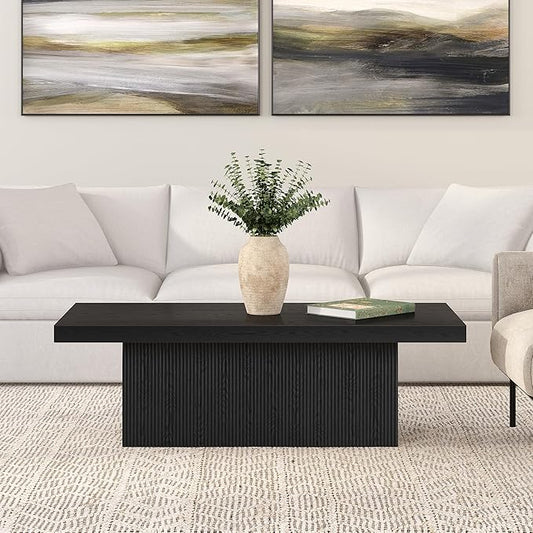 Henn&Hart 48" Fluted Low-Profile Rectangular Coffee Table with Solid Base for Living Room, Family Room, or Office, Black Grain