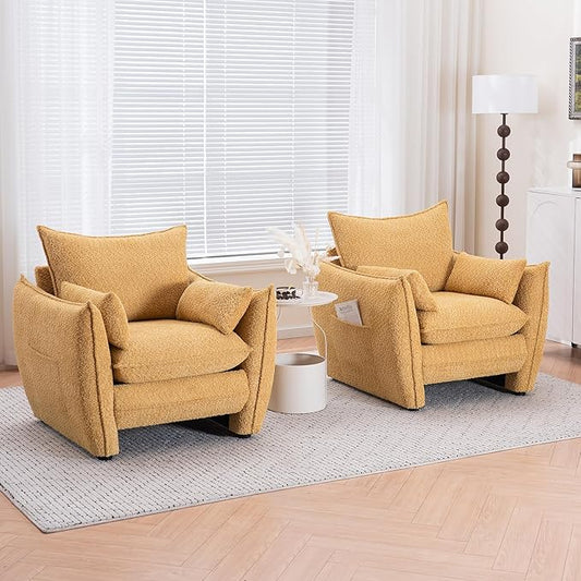 Chenille Oversized Accent Chairs Set of 2, Modern Oversized Armchair with Removable Pillow, Comfy Living Room Chair with Side Pocket Storage for Bedroom, Office, Yellow