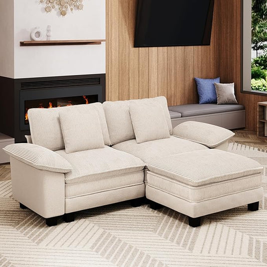 87-Inch L Shaped Sectional Sofa with Cloud Cushions, Deep Seat Modular Couch Set w/ 3 Seats & 1 Ottomans, Removable Arms, Chenille & Corduroy Upholstery for Living Room, Apartment - Beige