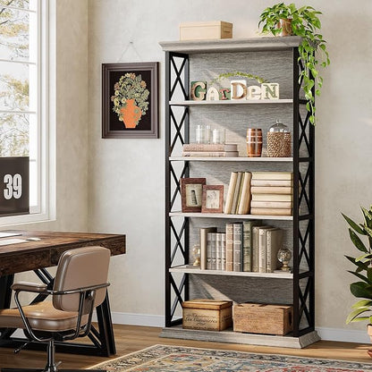 Tribesigns 71-Inch Tall Bookcase, 5-Tier Industrial Metal Bookshelf, Large Etagere Bookcases and Bookshelves, Freestanding Display Shelves for Living Room, Bedroom, Gray and Black