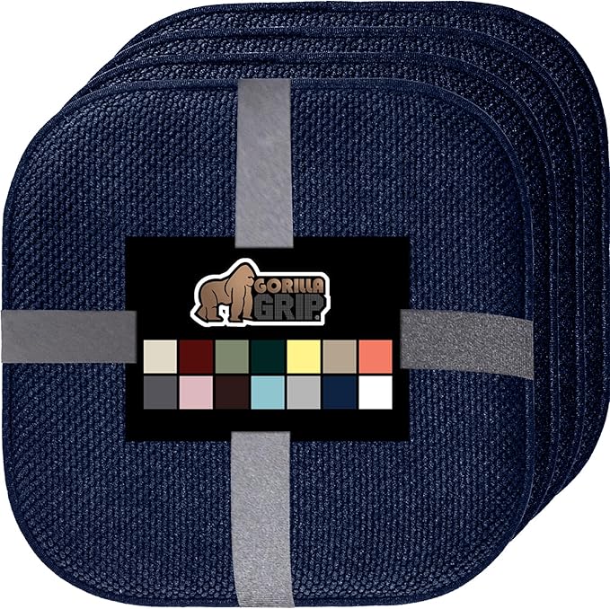 GORILLA GRIP Slip Resistant Chair Cushions, No Ties Required, Memory Foam Pads for Dining Room, Kitchen Table, Office, Rocking Chairs, Plush Seat Cover Cushion Pad, Home Decor, Set of 4, 16x16, Navy