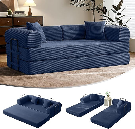 79" Convertible Sofa Bed with Fixed-Shape Frame & Removable Armrests, Modular Corduroy Sleeper Sofa, Folding Mattress Couch for Small Spaces - No Assembly Needed in Navy Blue (Includes 2 Pillows)