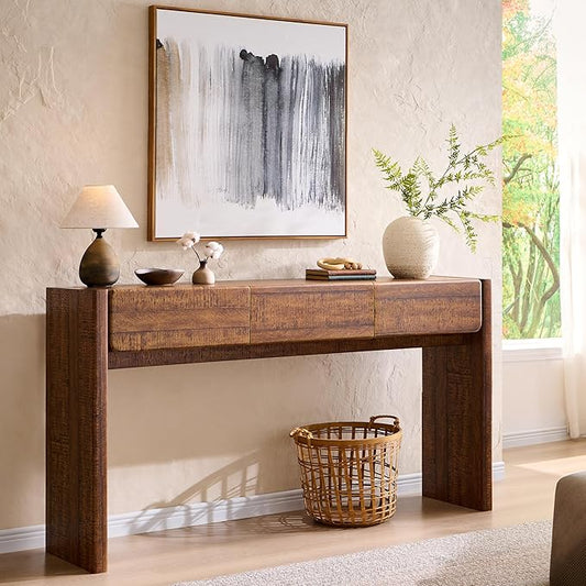 OKD 63'' Console Table with 3 Drawers, Farmhouse Entryway Table with Rounded Corners, Console Table Behind Couch for Living Room/Hallway-Reclaimed Barnwood