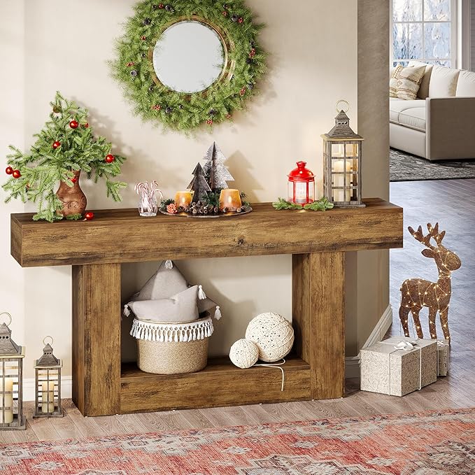 Tribesigns 63-Inch Long Console Table, 2-Tier Entryway Table Sofa Table with Storage, Farmhouse Wood Behind Couch Table for Living Room, Hallway, Rustic Brown