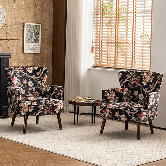 Floral Accent Chair Set of 2, Upholstered Living Room Chairs with Solid Wood Legs, Mid Century Modern Velvet High Back Armchair for Bedroom, Living Room, Black