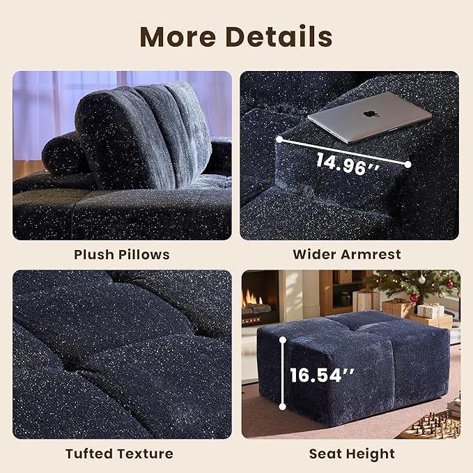 114" Glitter Cloud Sectional Couch with L-Shape Chaise & Ottoman, Modern Boneless Couches for Living Room, Fluffy Tufted Deep Seat Modular Sofa No Assembly (Blue Sparkly Velvet,Right Facing)
