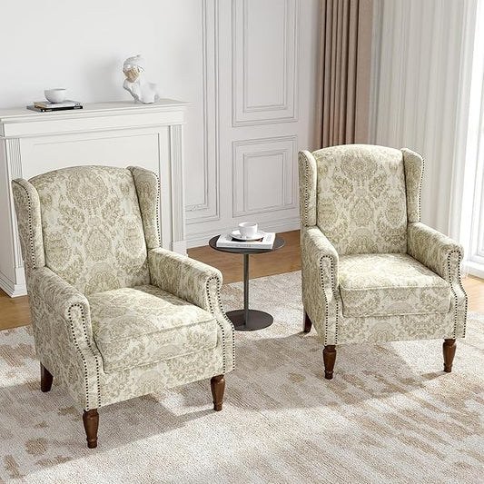 Wingback Accent Chairs Set of 2, High Back Upholstered Armchair, Printed Fabric Wingback Arms Chairs with Wood Legs, Single Sofa Reading Chair for Bedroom Living Room, White