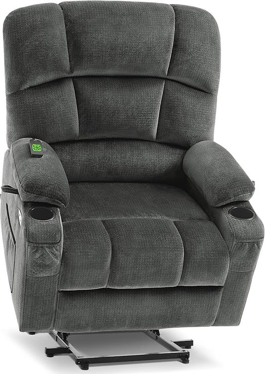 MCombo Oversized Dual Motor Power Lift Recliner Chair Sofa with Massage and Heat for Big Elderly People, Infinite Position, USB Ports, Fabric R7688 (Grey, Large-Oversize)