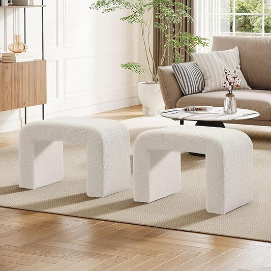 Tribesigns White Vanity Stool, Modern Ottoman Foot Rest for Couch, Large Foot Stool Ottoman, Extra Seating for Living Room, Shoe Bench for Entryway, Arched Makeup Chair for Vanity, 2 Packs