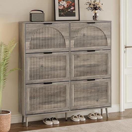 Shoe Cabinet for Entryway with 6 Flip Drawers, Slim Wooden Shoe Storage Organizer with Modern Fluted Pannel，Freestanding Narrow Hidden Shoe Rack for Hallway, Foyer, Living Room