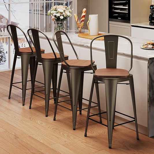 Aklaus Swivel Metal Bar Stools with Backs Counter Stools Set of 4 Counter Height Stools High Back Bar Chairs 26 Inch Barstools Farmhouse Rusty