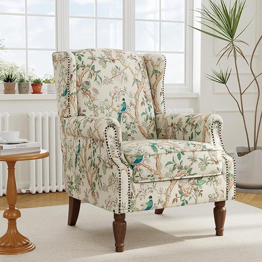 Accent Chair, Upholstered High Back Floral Armchair with Nailhead Trim & Wood Legs, Comfy Wingback Reading Single Sofa Chair