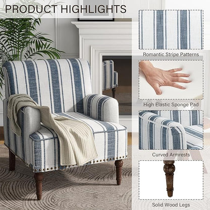 UIXE Stripe Accent Chair Arm Chair, Modern Nailhead Trim Club Armchair with Wood Legs, Comfy Living Room Single Sofa Reading Seat Bedroom Side Seating for Home Office, Dark Blue