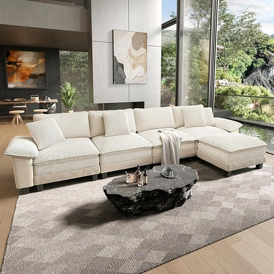 HERA'S HOUSE Oversized Modular Sectional Sofa, 158" L Shaped Cloud Couch with Ottoman and Throw Pillow, Mixed Fabric Sleek Couches for Living Room, Beige