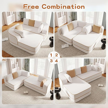 Cloud Sectional Sofa Modern Boneless Couch for Living Room, Comfy Deep Seat Comfy Teddy Fabric Double Sofa Chaise No Assembly Required (White, 106" L Shape with Left Facing)