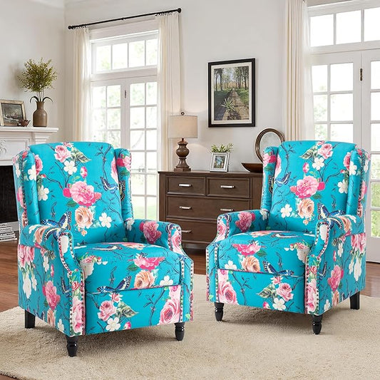 Recliner Chair, Upholstered Wingback Floral Pushback Armchair with Adjustable Backrest & Footrest, Comfy Accent Chair Reading Single Sofa for Small Spaces, Living Room, Bedroom (Peacock, Set of 2)