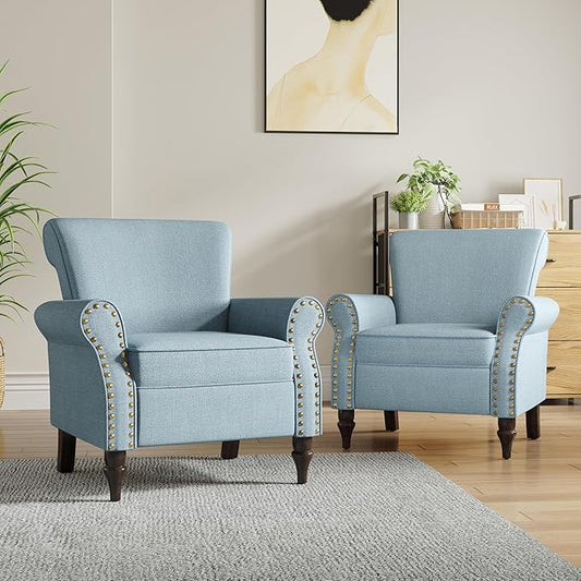 Accent Chair, Upholstered Armchair with High Resilience Sponge & Wood Legs, Mid-Century Modern Comfy Single Sofa Reading Chairs for Living Room, Bedroom (Blue, Set of 2)