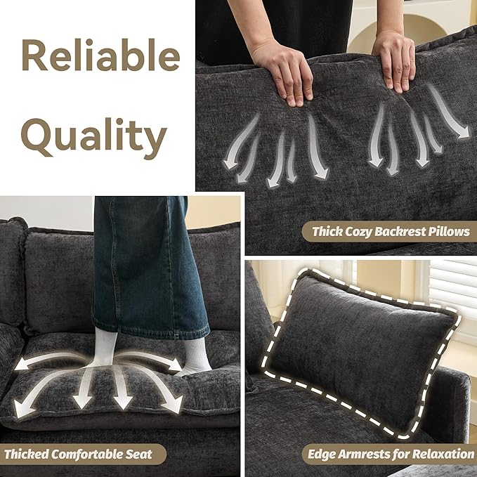 111'' Sectional Cloud Deep Seat Couch, Oversized Chenille U Shaped Sectional Sofa for Living Room Set, Comfy Upholstered Modular 5-Seats Sectional Sofa Couch with 2 Movable Ottoman, Dark Grey