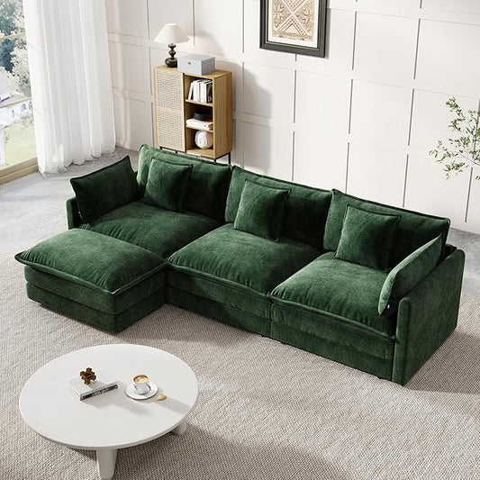 Modular Sectional Sofa, 111.5 Inch L-Shaped Cloud Sofa with Deep Seat Chenille Sofa with Cushions, Three-Self Sectional Sofa for Living Room Apartment,Evergreen